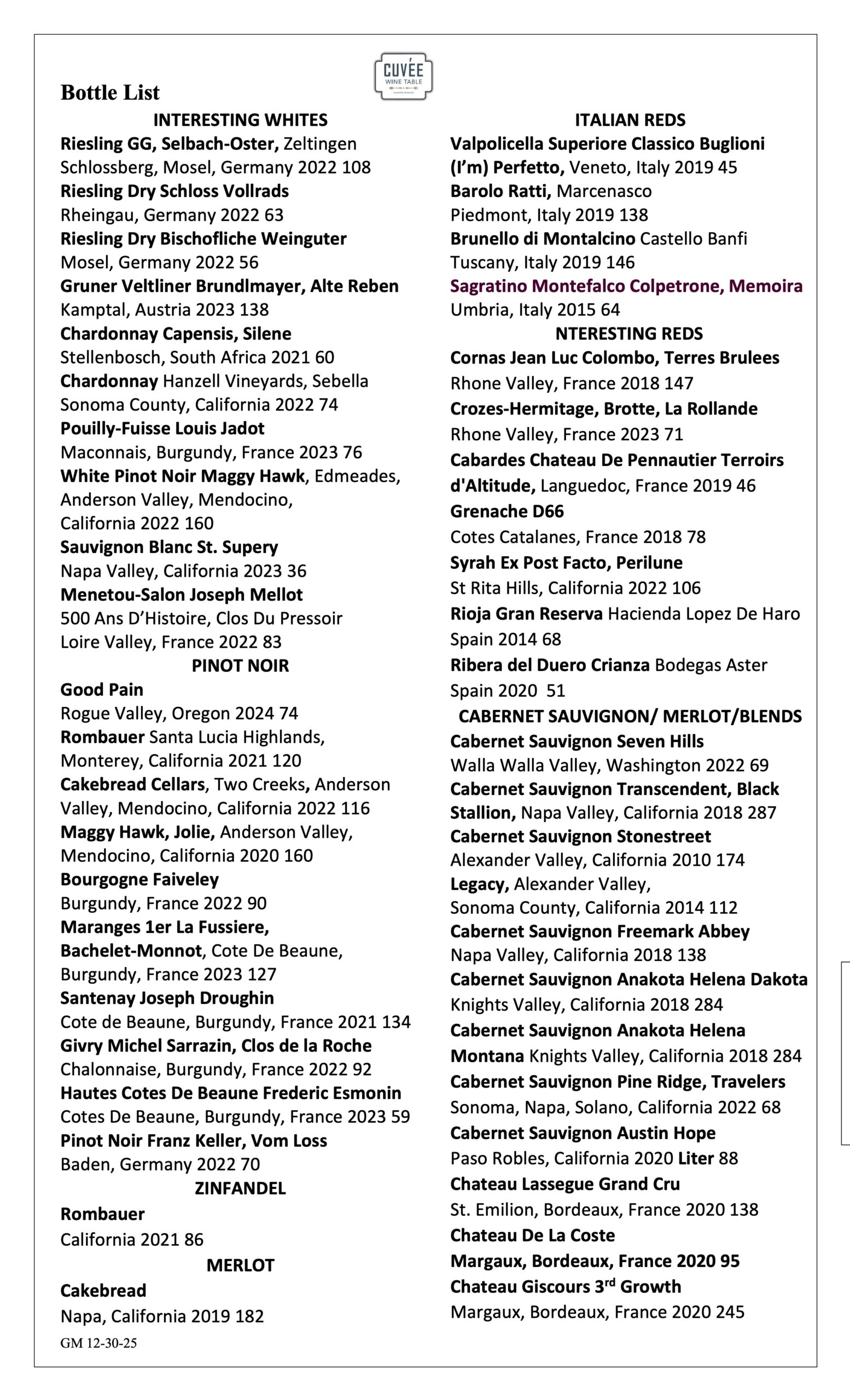 Cuvee Wine Table Bottle List